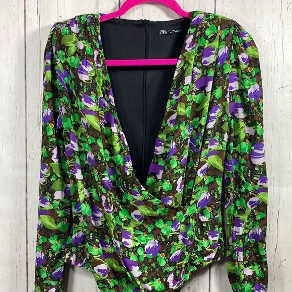 Zara Floral Plunge Bodysuit Long Sleeve L Chic Night Out Y2K Party Bloggers Fav - Picture 5 of 16